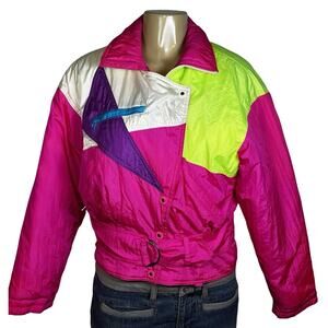 Vintage Fera Skiwear Jacket Womens 8 Neon Pink Green Colorblock Ski Retro 90s